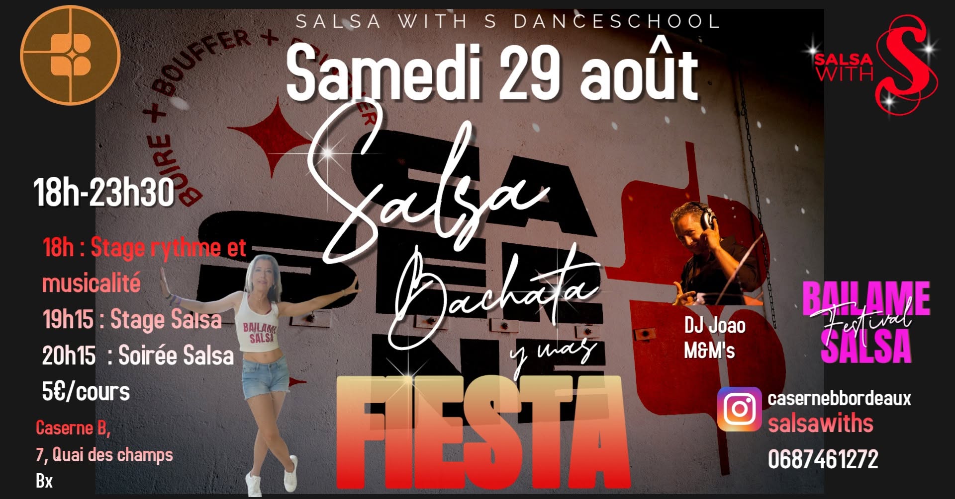 Affiche de la soirée salsa et bachata à la Caserne B de Bordeaux