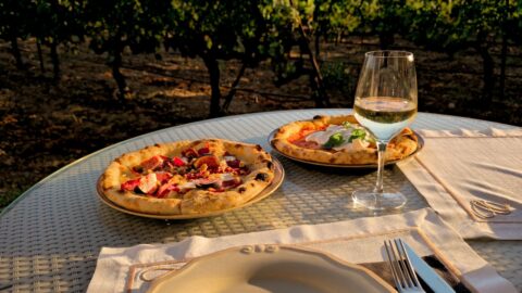 Pizzas et verres de vin disposés sur une table face aux vignes