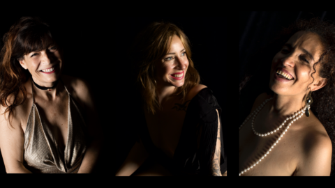 Triptyque de portraits de trois femmes sur fond sombre