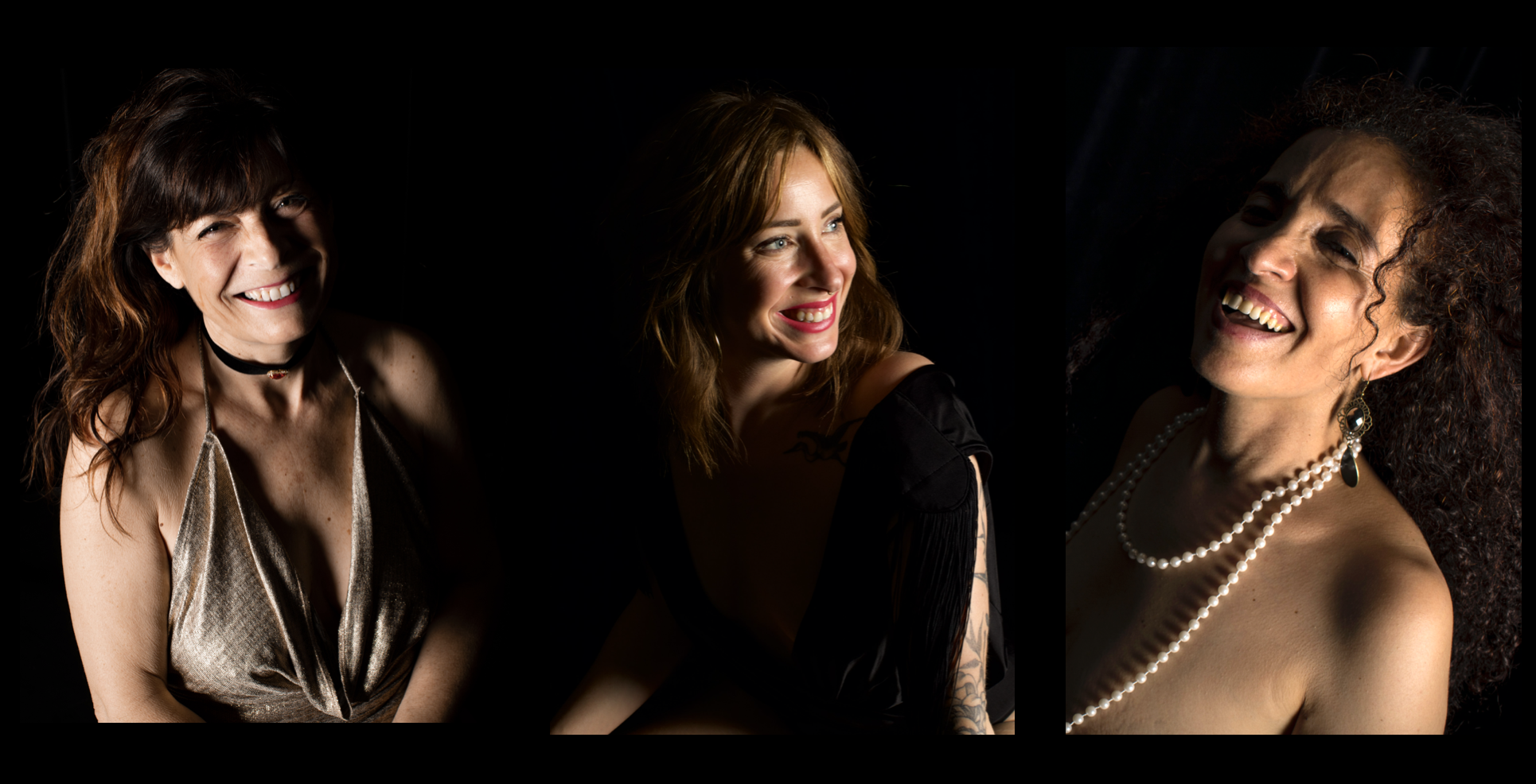 Triptyque de portraits de trois femmes sur fond sombre