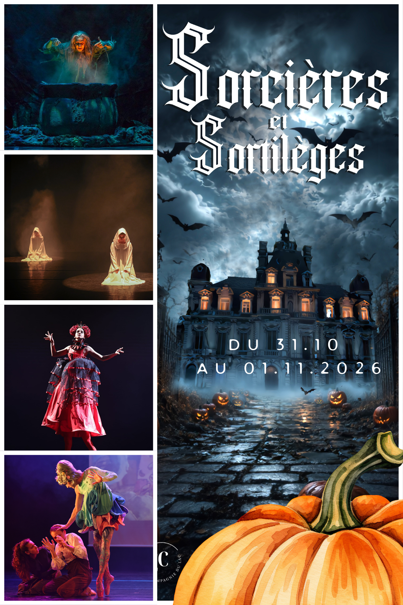 Affiche du spectacle Sorcières et Sortilèges avec danse, château et citrouille