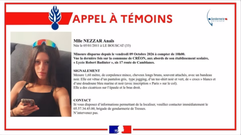 Avis de recherche de la gendarmerie pour Anaïs Nezzar, disparue à Créon
