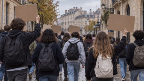 Illustration générée représentant un groupe de jeunes manifestants anonymes, sans lien avec un cortège réel