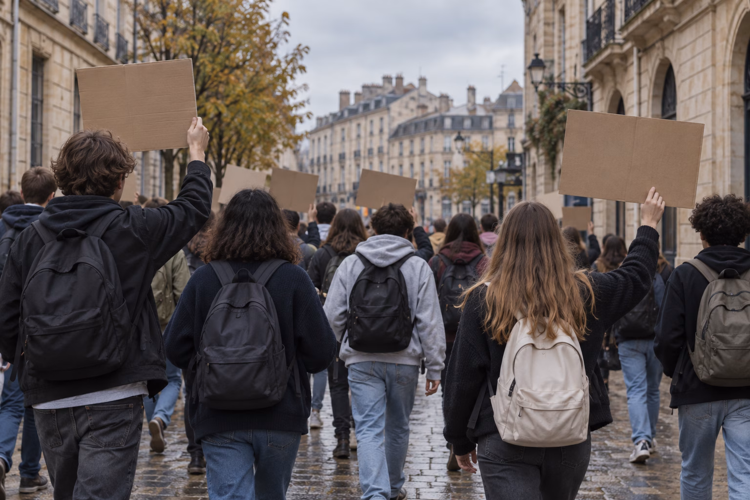 Illustration générée représentant un groupe de jeunes manifestants anonymes, sans lien avec un cortège réel